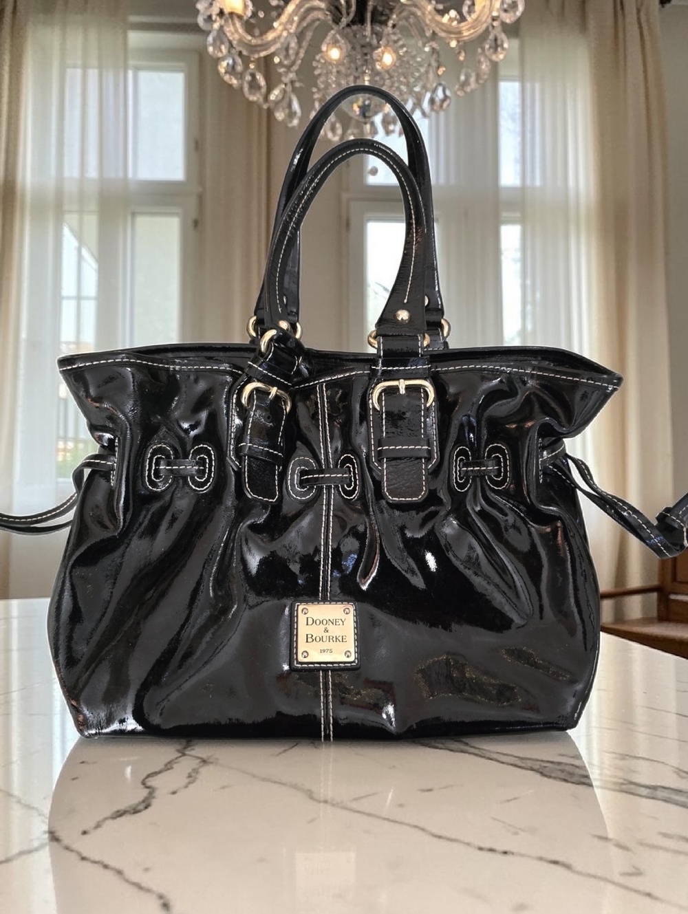 Dooney & Bourke Patent Leather Drawstring Satchel Black White Stitch Large Bag